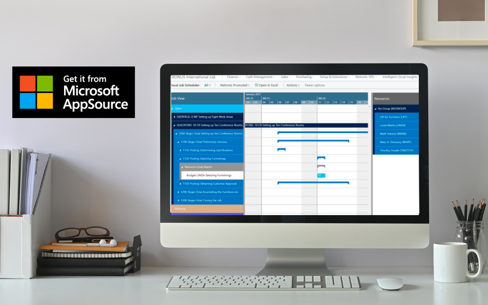 Image of computer on desk displaying the Visual Jobs Scheduler by NETRONIC Software GmbH app